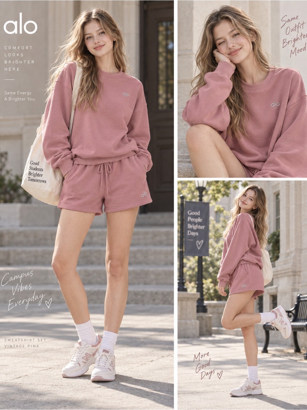 NWT Alo Yoga Vintage Pink Accolade Crew Neck & Short Set S 🎒🌸